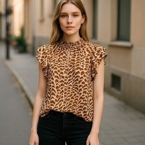 DR2 Chic mock neck Print Ruffle Sleeve Top